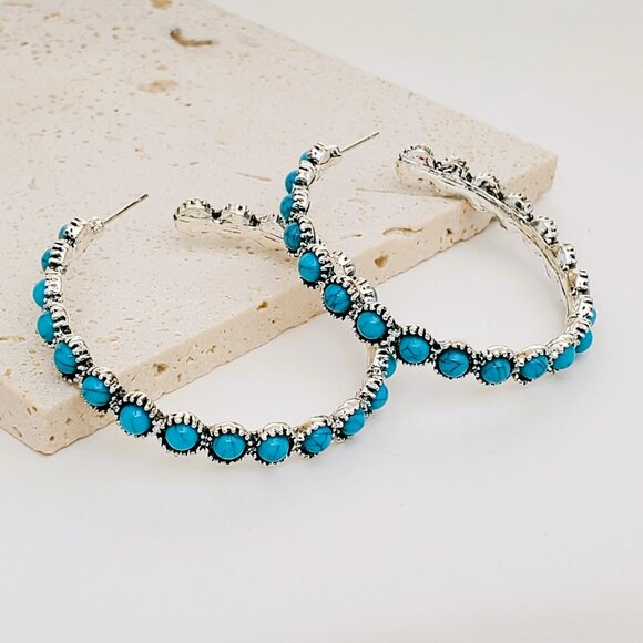 Solid 925 Sterling Silver Turquoise Hoop Womens Earrings Ladies Hoops Jewelry - Picture 5 of 5